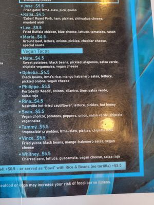 Vegan menu section; note the Rina as-is contains honey which is not vegan at Irma's Tacos, Craft Beer and Tequila Bar in Venice