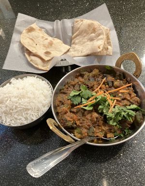Bhindi Masala (stir fried okra with onions, herbs & sauce). I appreciate the effort that went into preparing this dish. However, it didn’t quite suit my taste preferences. at Aroma Indian Cuisine in Bloomington