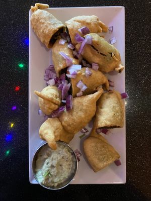 Cut Mirchi Appetizer (jalapeños battered with chickpea flour mixed with herbs, spices & deep fried). Very good. at Aroma Indian Cuisine in Bloomington