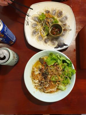Yellow nudle pho and dumplings at Chay Corner in Da Lat