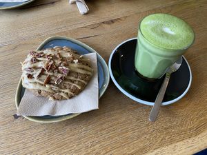 Caramel pecan cookie and coconut matcha latte   at Little Collins CBD  in Dublin