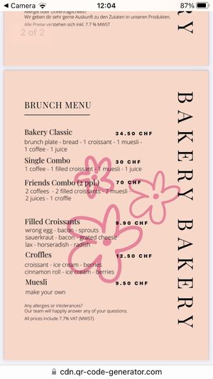 Menu  at Bakery Bakery  - ThreeOfive in Zurich