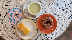 Matcha Latte, Cremeschnitte & Donut at Bakery Bakery  - ThreeOfive in Zurich