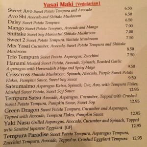 vegetarian menu selections  at Hamachi Sushi Bar in Chicago