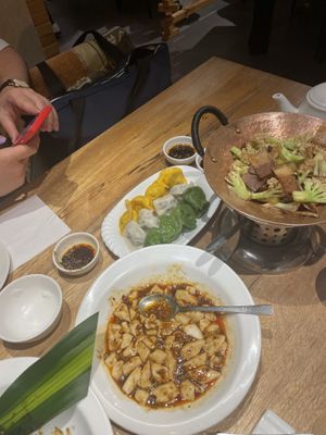 Mapo tofu, dumplings and cauliflower broccoli stir  at Zǎozǐ Shù - Vegetarian Life Style - JiangNing in Shanghai
