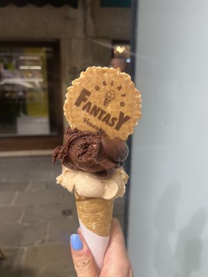 Chocolate and hazelnut cone  at Gelato Fantasy Castello in Venice