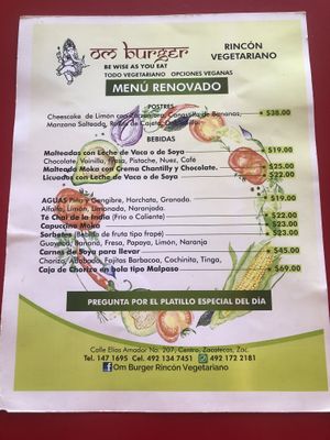 Menu - as of April 2022  at Om Burger Rincon Vegetariano in Zacatecas