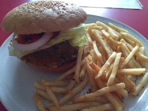 Daily special; Indian inspired burger and masala fries... delicious! at Om Burger Rincon Vegetariano in Zacatecas