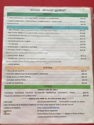 Current menu at Om Burger Rincon Vegetariano in Zacatecas