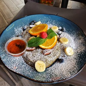 Vegan, gluten-free, protein pancakes at Living Green Cafe in Fort Lauderdale