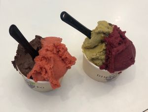 Dark Chocolate and Orange + Strawberry // Pistachio and Passionfruit + Currants at Dimatteo Gelateria in Ljubljana