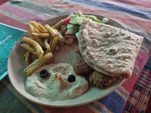 Hummus falafel platter at Old Chill Out Ganesh Restaurant in Hampi