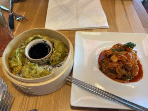Veg dumplings and kimchi  at Kiva Ravintola in Helsinki