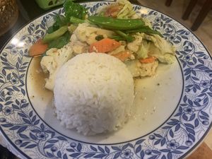 Garlic and black pepper veg with tofu. Not bad!   at Southern Fried Rice in Phuket