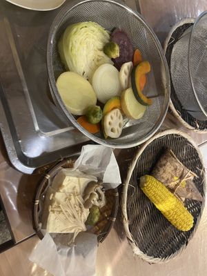 Mixed veggies , tofu, corn and rice   at Jigoku Mushi - 地獄蒸し工房 鉄輪 in Beppu