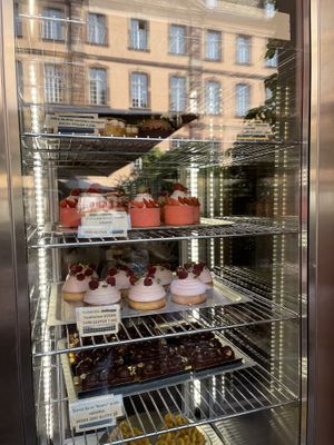 Vegan desserts in the display case  at Bistrot and Chocolat in Strasbourg