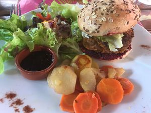 Salad, carrots & potatoes with a homemade veggie burger at Bistrot and Chocolat in Strasbourg