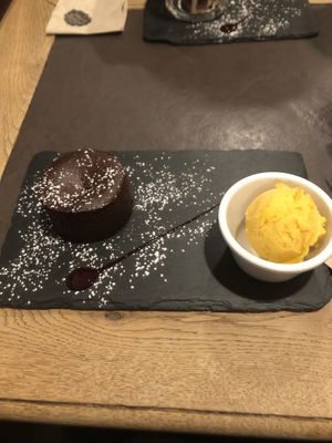 Great vegan chocolate lava cake with sorbet  at Bistrot and Chocolat in Strasbourg