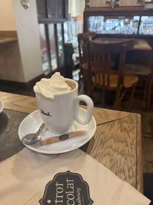 Vegan chocolate drink with vegan whipped creamm  at Bistrot and Chocolat in Strasbourg