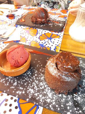 Vegan fondant au chocolat with raspberry sorbet at Bistrot and Chocolat in Strasbourg