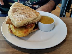 Breakfast soda farl with eggy dipping sauce. Wow! at Harry's at 387 in Belfast