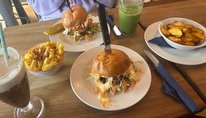 big mac burger, chicken burger, mac and cheese w/ bacon, oreo milkshake, green smoothie, wedges/fries at Harry's at 387 in Belfast