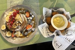 Banana oat pancakes and vegan butterballen!  at Lagom in Amsterdam