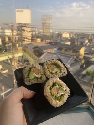Soybean, hummus and vegan mayo sushi  at Genmai Cafe in Osaka