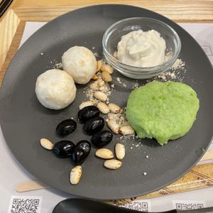 Japanese matcha and soy cream dessert  at Genmai Cafe in Osaka