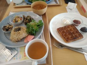 Japanese lunch set and waffle dessert at Genmai Cafe in Osaka