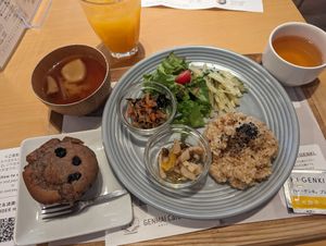 ichiju-sansai and blueberry muffin. Muffin was very nice at Genmai Cafe in Osaka