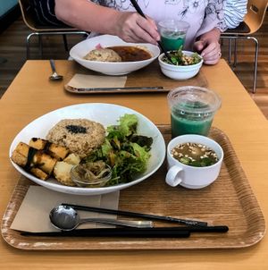 Daily Plate with Miso Soup and a Spirulina Protein Shake   at Genmai Cafe in Osaka