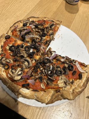 Pizza with shrooms, olives, and red onion.   at Curry Village Pizza Deck in Yosemite Valley