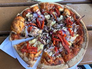 Mushroom, peppers, pineapple and onions   at Curry Village Pizza Deck in Yosemite Valley