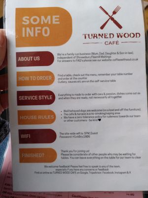 Info from the café (January 2025) at Turned Wood Café in Shrewsbury