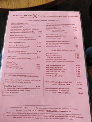 Menu page 1 (January 2025) at Turned Wood Café in Shrewsbury