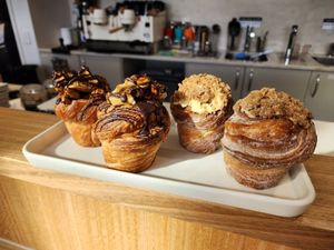 Honeycomb Chocolate Cruffin & Apple Crumble Cruffin at Jing Si Books & Cafe  in Salisbury
