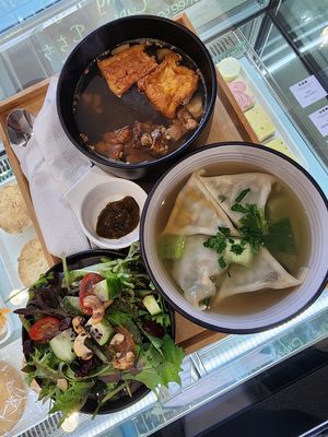 Dumplings Soup & Oyster Mushroom Glass Noodles at Jing Si Books & Cafe  in Salisbury