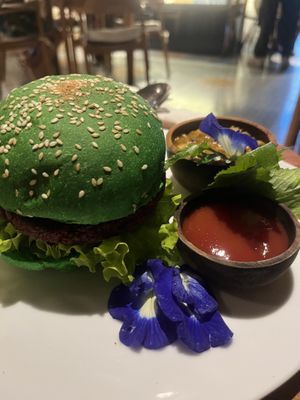 Green burger looks pretty cooll  at Wild Vegan in Ubud