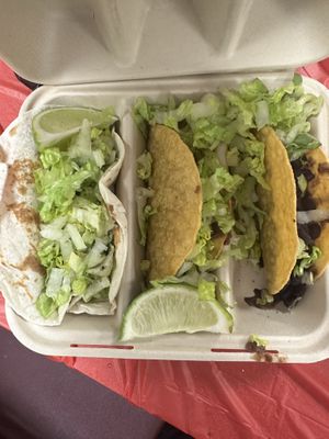 Taco truck - 3 OG tacos (soft with pinto, crunchy with pinto, crunchy with black) - they had cheese on them at first so I had to go back in so they could remake them  at Funcho's Fajita Grill in Westhampton Beach