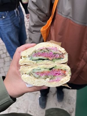 Vegan sabich with aubergine and vegan mayo and veggies  at Sabich Marrakech Medina in Marrakech