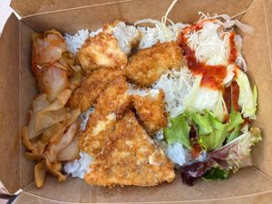 Vegan "chicken" (fried tofu) over rice + vegan kimchi at Son of Egg  in Albany