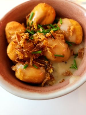 Gnocchi tapas with peppercorn sauce! at Pastan Barcelona in Barcelona