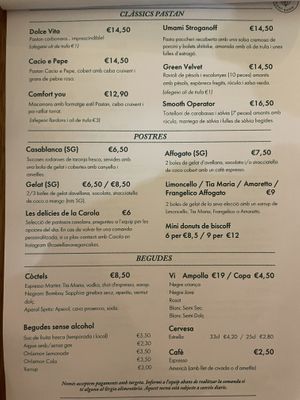 Menu  at Pastan Barcelona in Barcelona