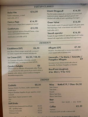 Menu  at Pastan Barcelona in Barcelona