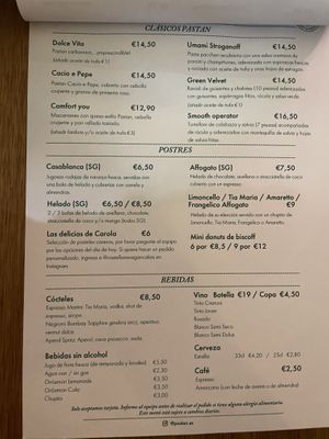 Menu  at Pastan Barcelona in Barcelona