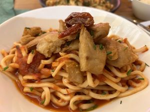 Formentera - spicy tomato and red pepper sauce with Heura 'chicken', sun-dried tomatoes and chives.  at Pastan Barcelona in Barcelona