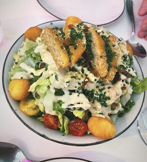 Best vegan ceaser salad I ever had! With fried gmocchi, vegan chicken, vegan bacon,… simply amazing!   at Pastan Barcelona in Barcelona