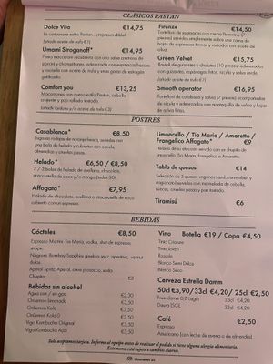 Menu  at Pastan Barcelona in Barcelona
