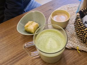 Matcha Latte, Cortado with oat milk and pistachio Baklava at Bonnevie in Granada